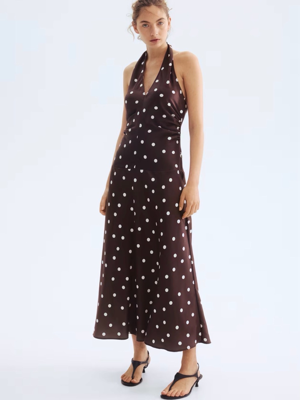 H&M Polka Dot Halter Midi Dress in Chocolate Brown size large NWT